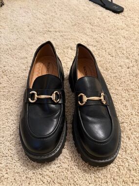 Black Leather Loafer with Gold Bit Hardware - Women's